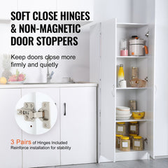 White kitchen pantry cabinet with adjustable shelves and two doors for organized storage.