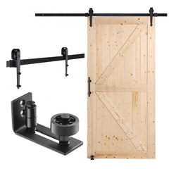 42x84 inch spruce wood sliding barn door kit with black hardware components.