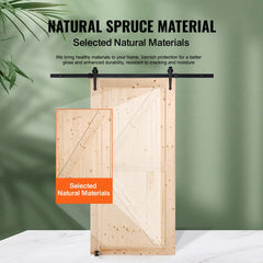 A 42x84 inch spruce wood sliding barn door kit with black hardware and natural material highlights.