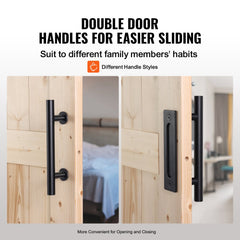 Double barn door with black handles in two styles on wooden sliding panels.