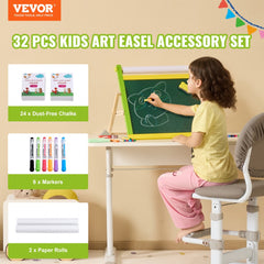 A 32-piece easel accessory set with chalk, markers, and paper rolls in vibrant colors.