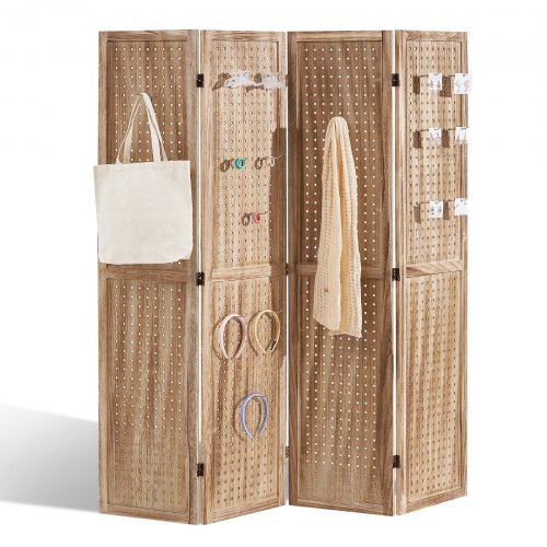 Bostome 4-panel wood room divider in light paulownia with customizable pegboard holes.