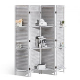 Four-panel white wood room divider with louvered design for privacy and space separation.