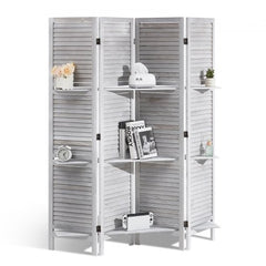 Four-panel white wood room divider with louvered design for privacy and space separation.