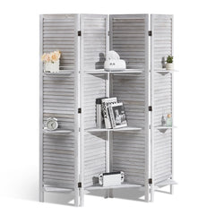Four-panel white wood room divider with louvered design for privacy and elegant space separation.