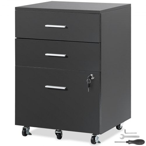 Black 3-drawer locking wood file cabinet on wheels.