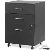 Black 3-drawer locking wood file cabinet on wheels.