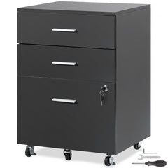 Black 3-drawer locking wood file cabinet on wheels.