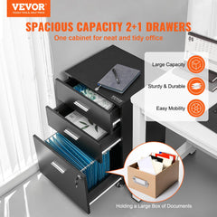 Black 3-drawer locking wood file cabinet on wheels, with open drawers showing files.