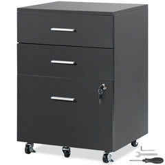 Black 3-drawer locking wood file cabinet on wheels.