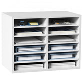 White wood literature sorter with 12 compartments for organizing documents and files.