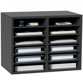 Grey wood 12-compartment literature organizer with adjustable shelves.