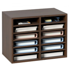 Brown wood literature sorter with 12 adjustable compartments for office organization.