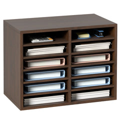 Brown wood literature sorter with 12 adjustable compartments for organized office storage.