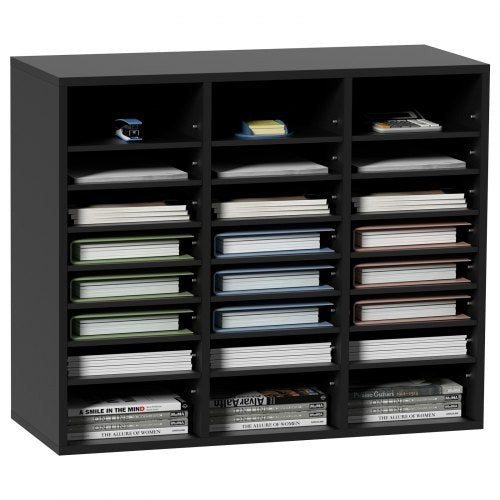 Black wood literature organizer with 24 compartments in an 8x3 grid for efficient storage.