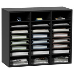 Black wood literature organizer with 24 compartments in an 8x3 grid for efficient storage.