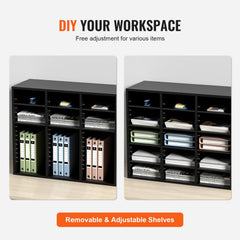 Black wood literature organizer with 24 compartments in an 8x3 grid for file sorting.