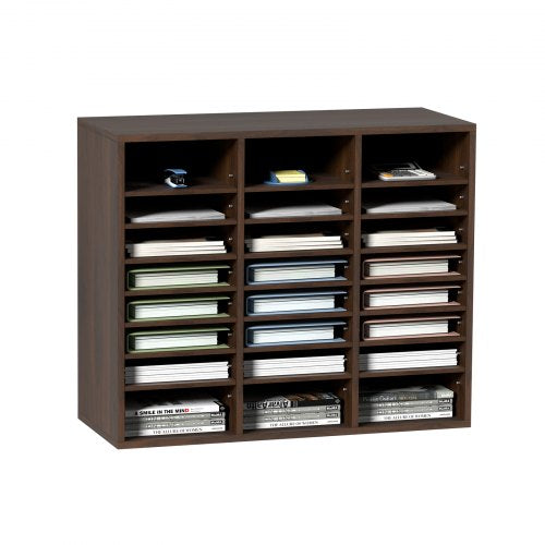 Brown wooden 24-compartment literature organizer with adjustable shelves.