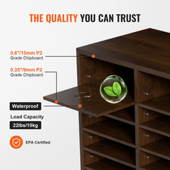 Brown wood literature organizer with 24 compartments and adjustable shelves.