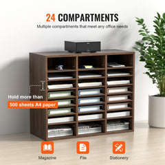 Brown wood literature organizer with 24 adjustable compartments for files and stationery.