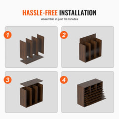 Four-panel diagram showing assembly of a brown 24-compartment wood literature organizer with adjustable shelves in 10 minutes.