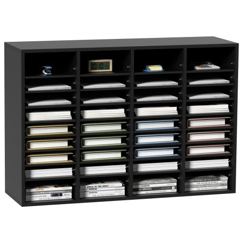 Black wood literature organizer with 36 adjustable compartments for file sorting.