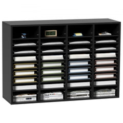 Black wood literature organizer with 36 adjustable compartments for file sorting.