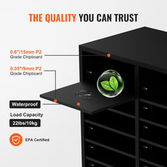 Black wooden literature organizer with 36 adjustable compartments for file sorting.