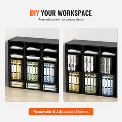 Black wood literature organizer with 36 adjustable compartments for documents and books.