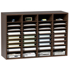 Bostome wood literature organizer with 36 compartments and adjustable shelves for documents.
