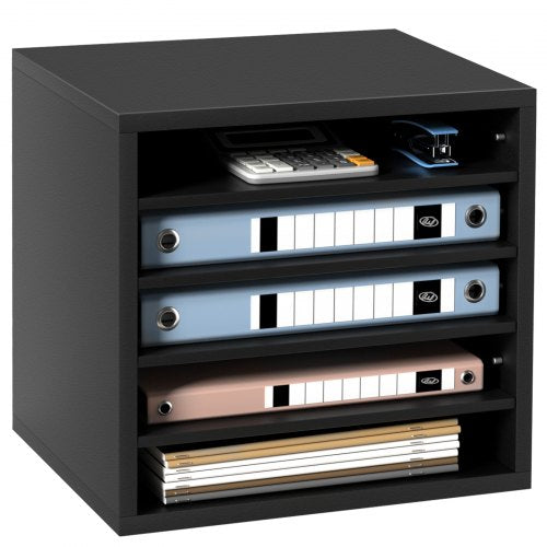 Black wood literature organizer with five compartments and adjustable shelves holding files and office supplies.
