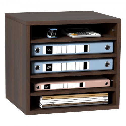 Brown wood literature organizer with five compartments for file sorting.