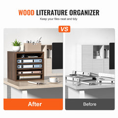 Brown wood literature organizer with five compartments for file sorting.
