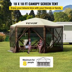 Bostome 10x10 6-sided pop-up camping gazebo tent in brown and beige with mesh screens.