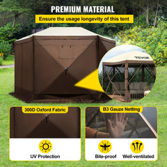 Brown beige 10x10 6-sided pop-up camping gazebo tent with UV-protective Oxford fabric and bug-proof netting.