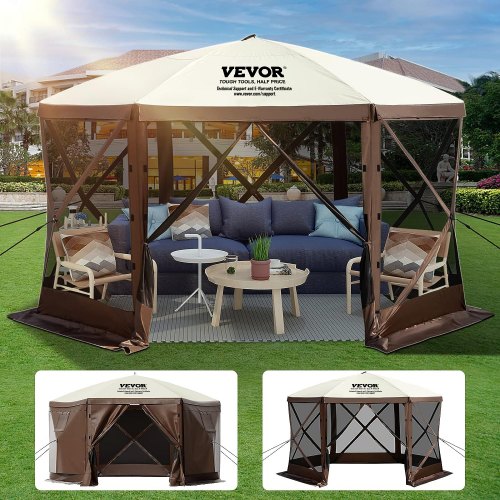 Brown and beige pop-up camping gazebo screen tent with mesh sides and sturdy frame.