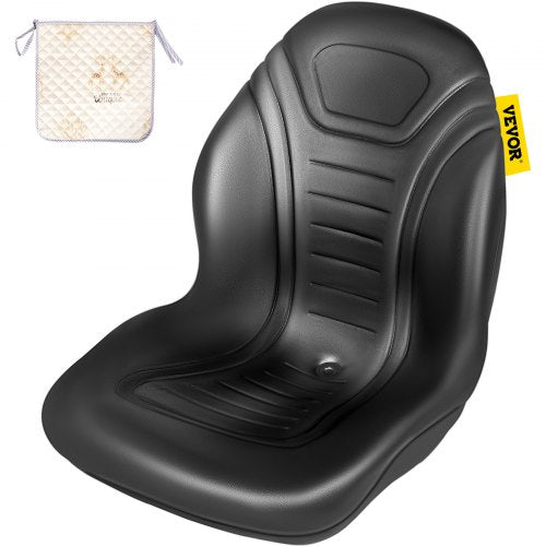 Black vinyl tractor seat with high back, ergonomic design, and drain hole for comfort.