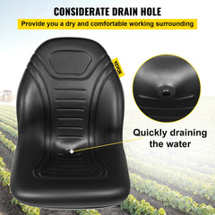 Black vinyl tractor seat with high back, ergonomic design, and drain hole for comfort.