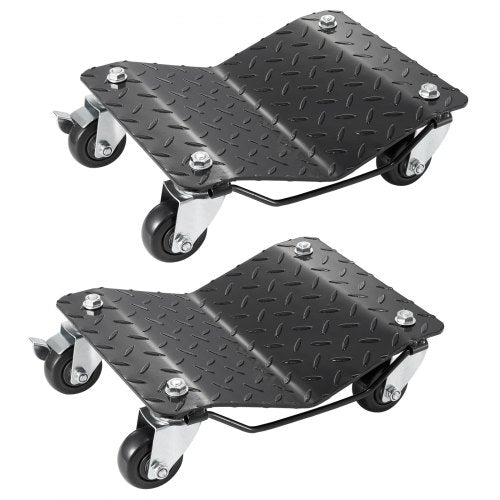 Heavy-duty car wheel dolly set with steel construction and 3-inch locking casters for easy maneuvering.