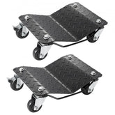 Heavy-duty car wheel dolly set with steel construction and 3-inch locking casters for easy maneuvering.