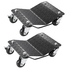 Heavy-duty car wheel dolly set with steel construction and 3-inch locking casters for easy maneuvering.