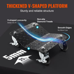 Heavy-duty car wheel dolly set with steel construction and 3-inch locking casters for easy maneuvering.