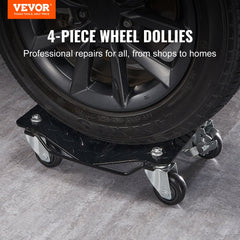 Heavy-duty car wheel dolly set of 4 with steel construction and 3-inch locking casters.