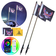 Two 3ft RGB LED whip lights with flags, app and RF controls, waterproof design.