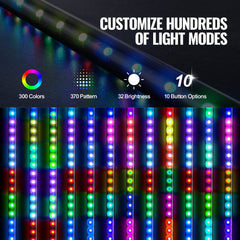 Two 4ft RGB LED whip lights with app and RF control, waterproof with colorful light modes.
