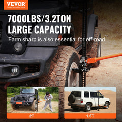 Orange 60-inch high lift farm jack with 7000 lbs capacity, shown lifting Jeep and SUV off-road.