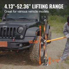 Orange high-lift farm jack with 4.13-52.36 inch range lifting a Jeep's tire.