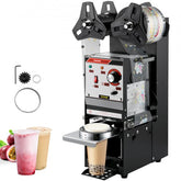 Black Bostome semi-automatic cup sealing machine with 90/95mm tray, film roll, and accessories.