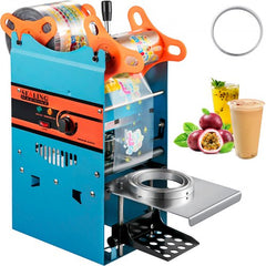 Blue manual boba tea cup sealer machine for 90/95mm cups with carbon steel construction.