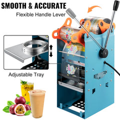 Manual boba tea cup sealer machine in blue carbon steel, designed for 90/95mm cups.